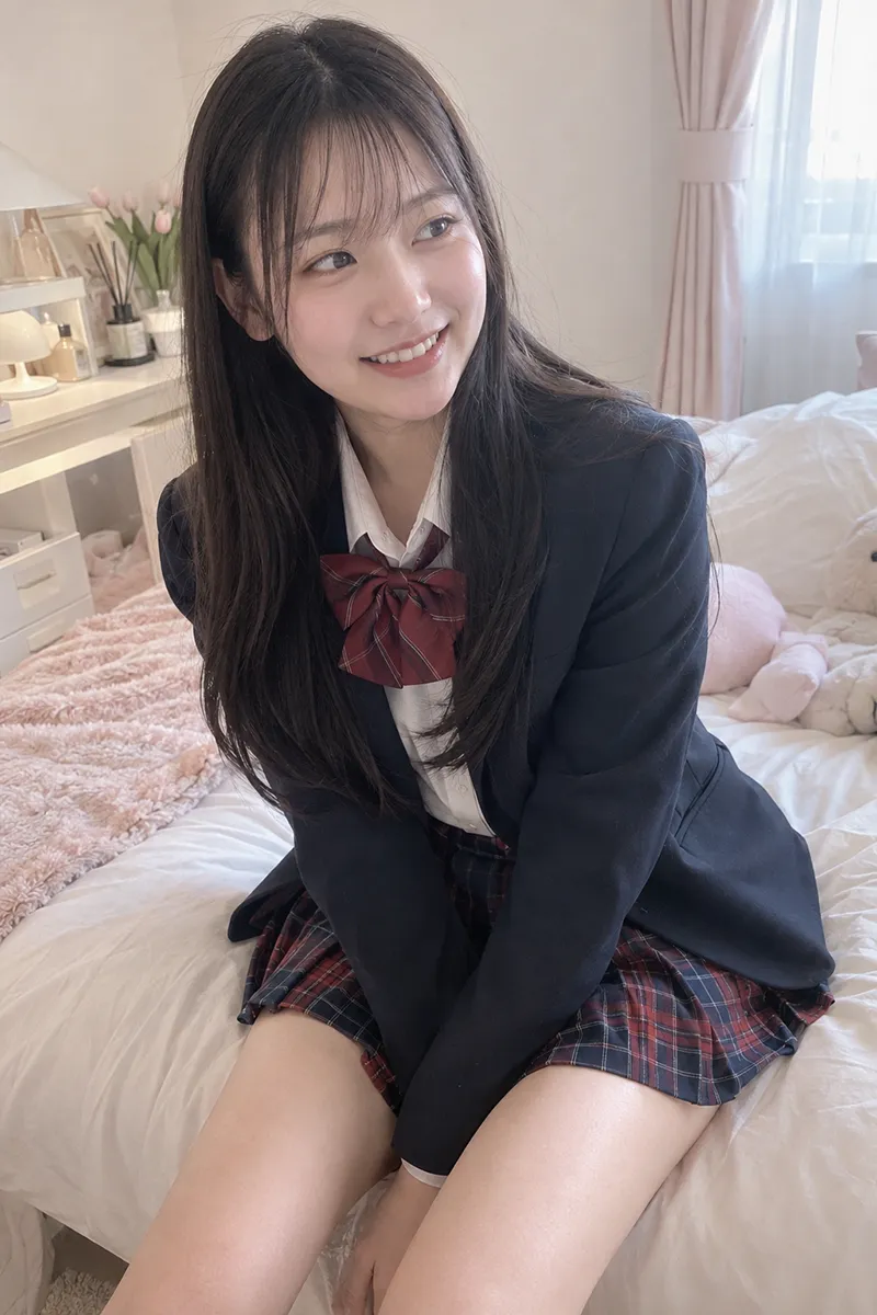 ネイビーのブレザーとチェックスカートを着た透明感のある女性モデル